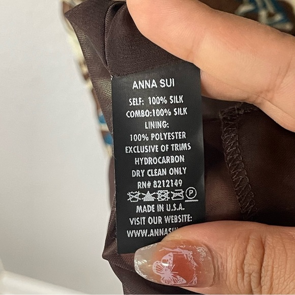 Anna Sui Dress Maxi Midi‎ Ruched Cinched Silk V Neck Brown Floral Women Size 10 - Picture 7 of 9